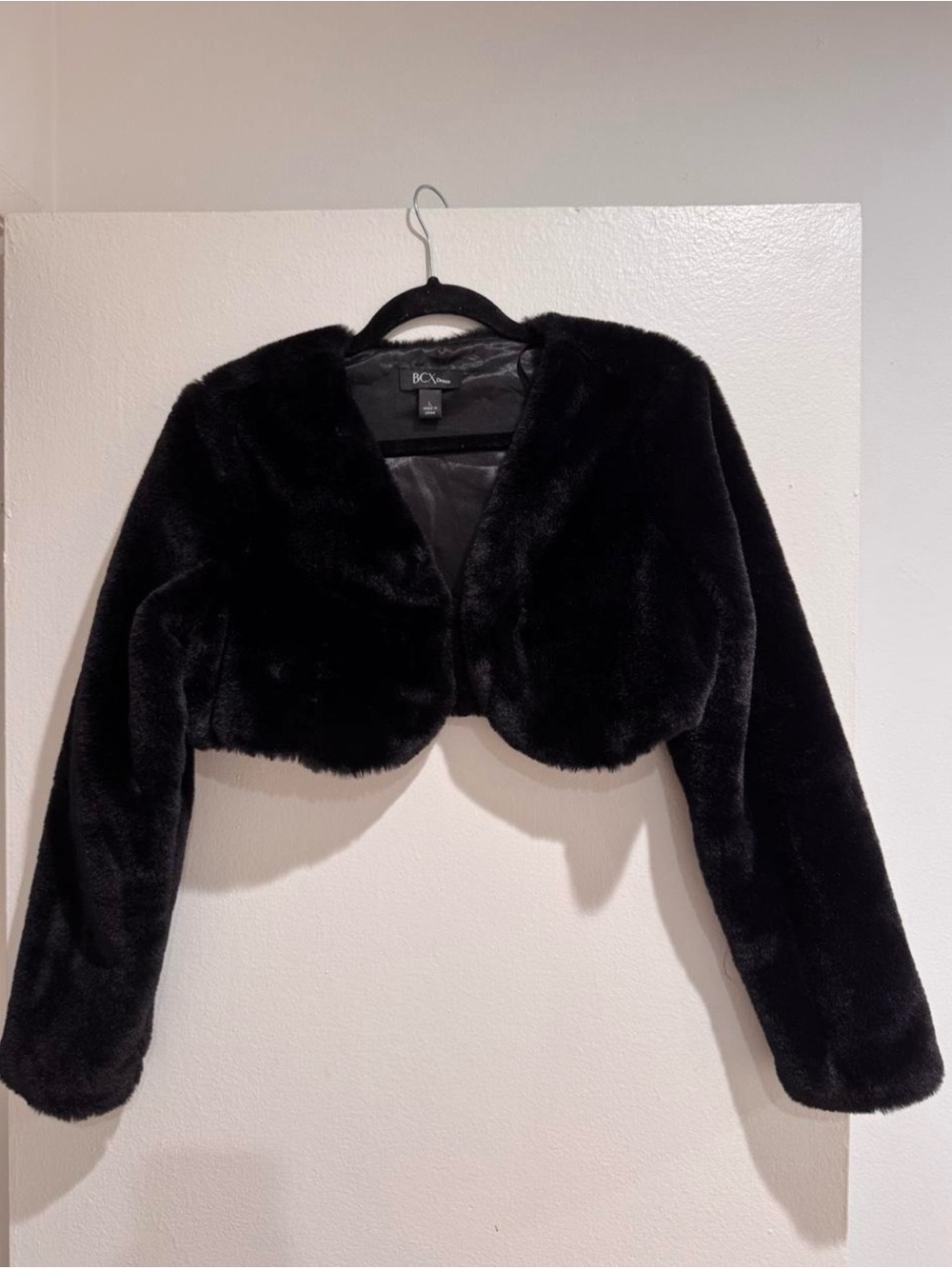 BCX Black Cropped Faux Fur Jacket